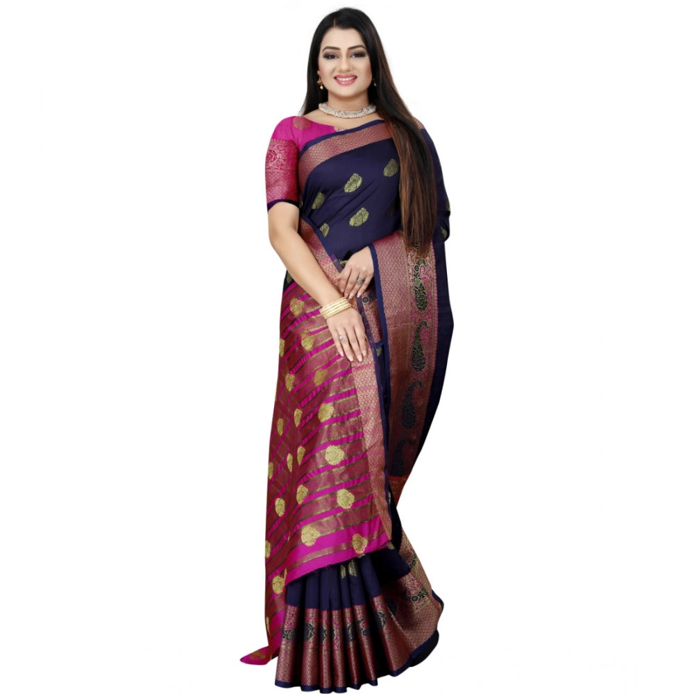 Women's Silk Blend Woven Saree With Unstitched Blouse 5.5Mtr (Dark Blue-Pink)