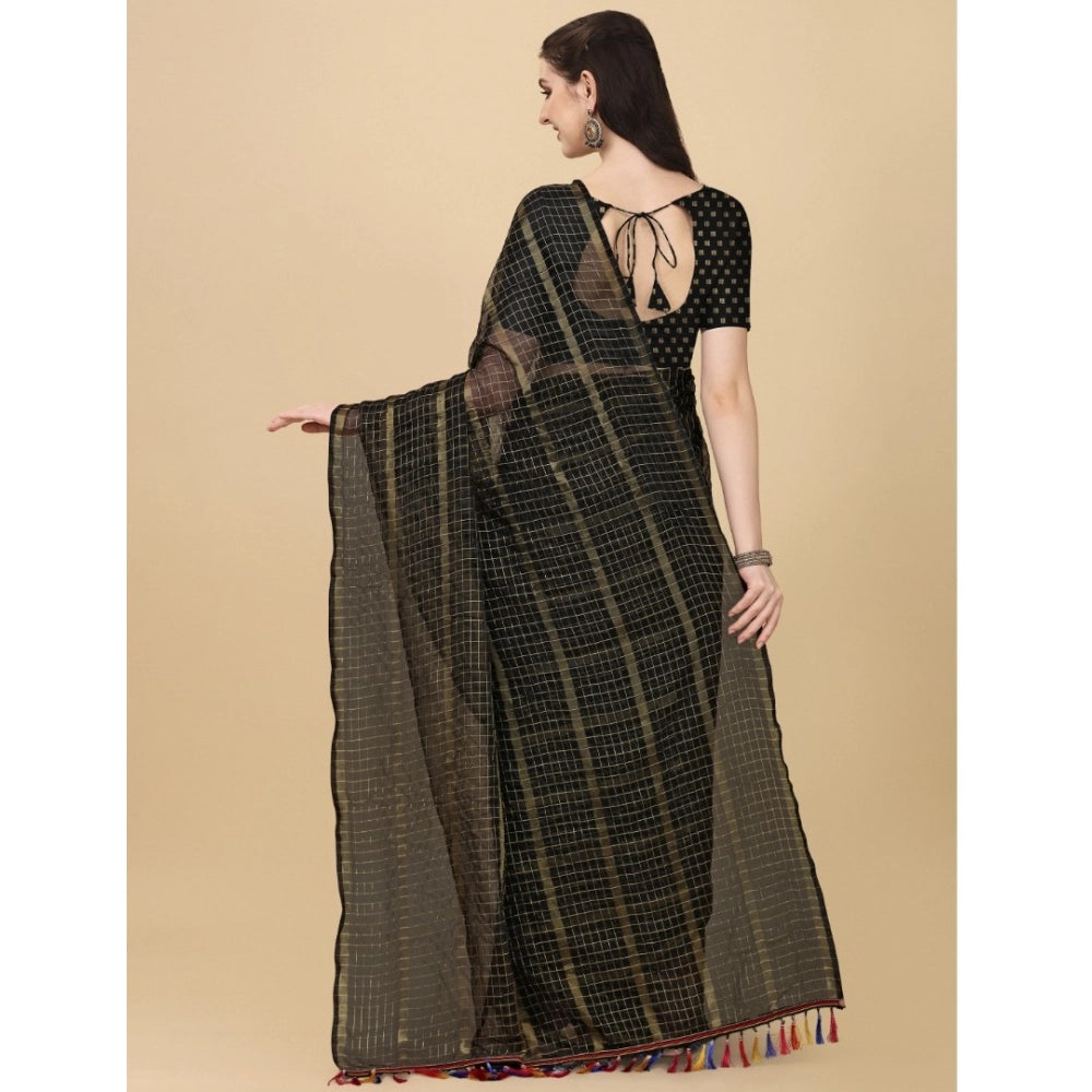 Women's Silk Blend Checkered Saree With Unstitched Blouse 5.5Mtr (Black)