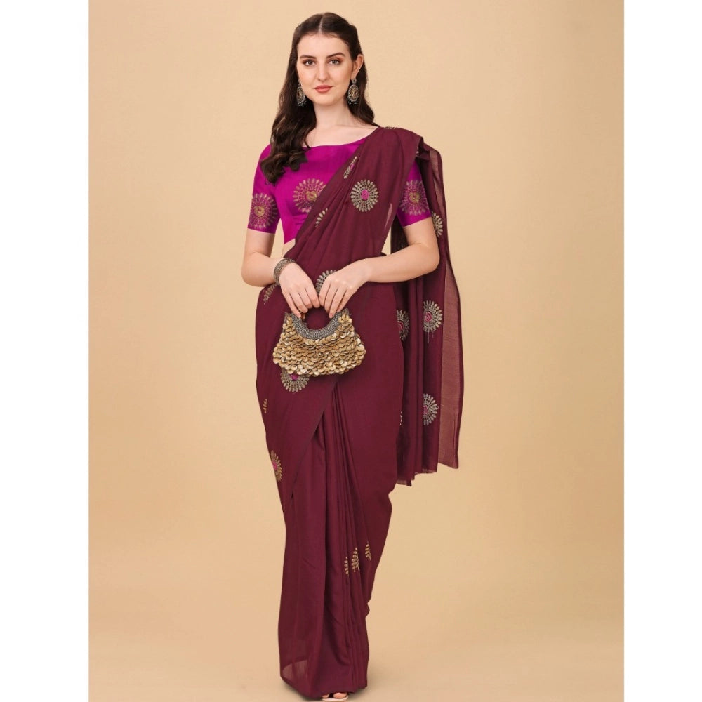 Women's Silk Blend Embroidered Saree With Unstitched Blouse 5.5Mtr (Brown)