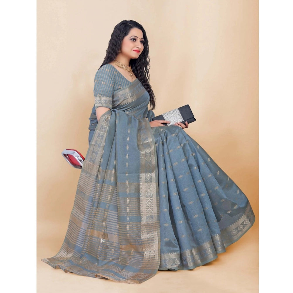 Women's Silk Blend Woven Saree With Unstitched Blouse 5.5Mtr (Grey)