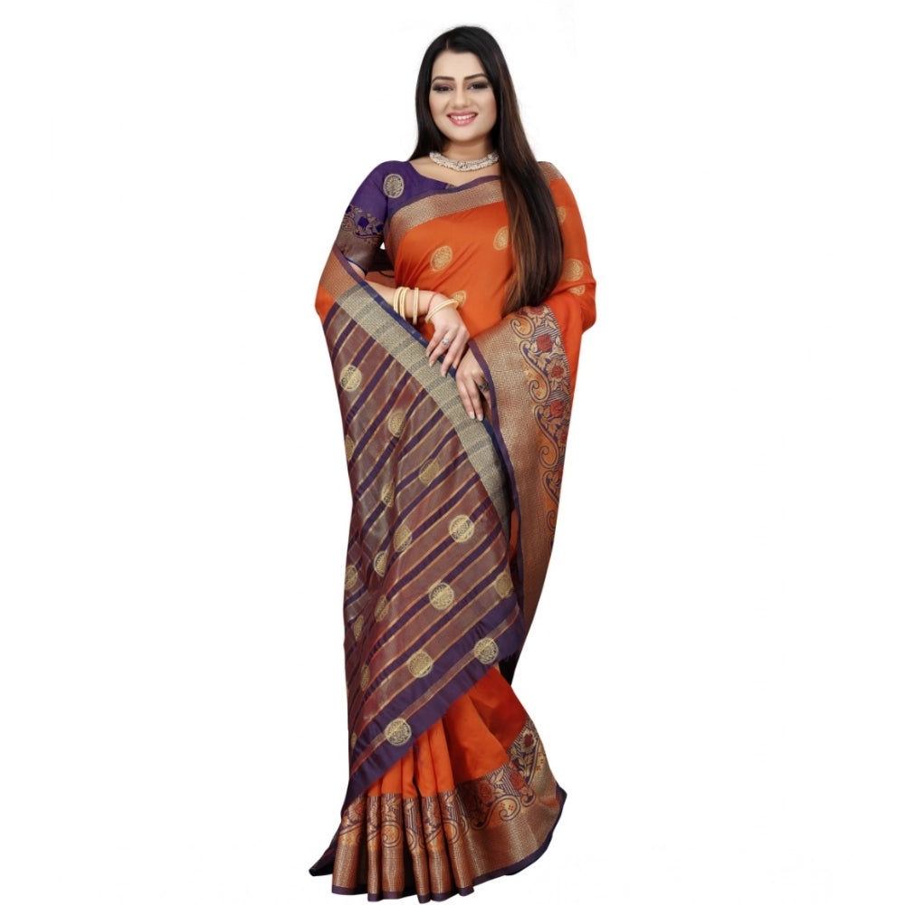 Women's Silk Blend Woven Saree With Unstitched Blouse 5.5Mtr (Blue-Orange)
