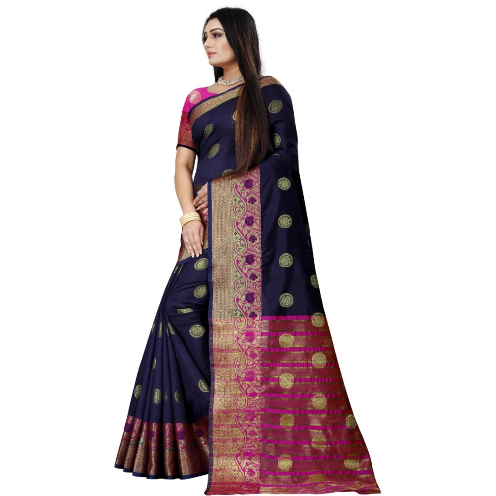 Women's Silk Blend Woven Saree With Unstitched Blouse 5.5Mtr (Dark Blue-Pink)