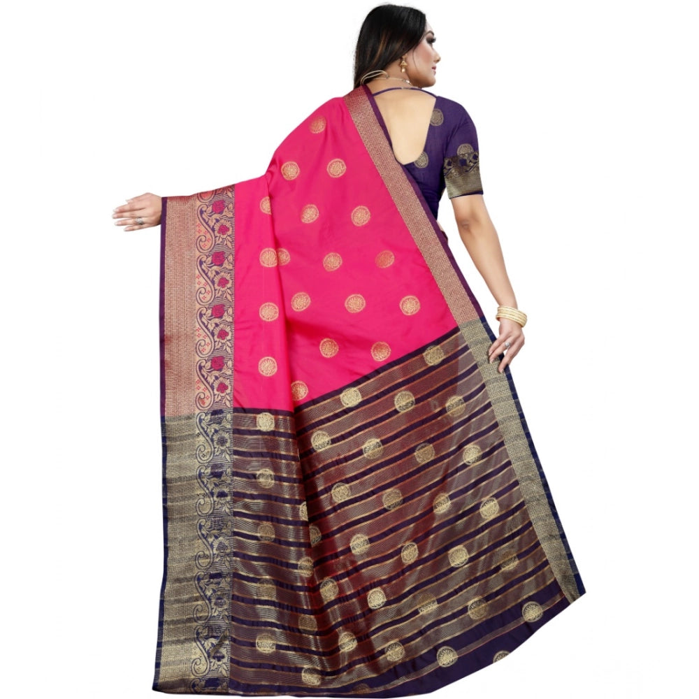 Women's Silk Blend Woven Saree With Unstitched Blouse 5.5Mtr (Blue-Pink)