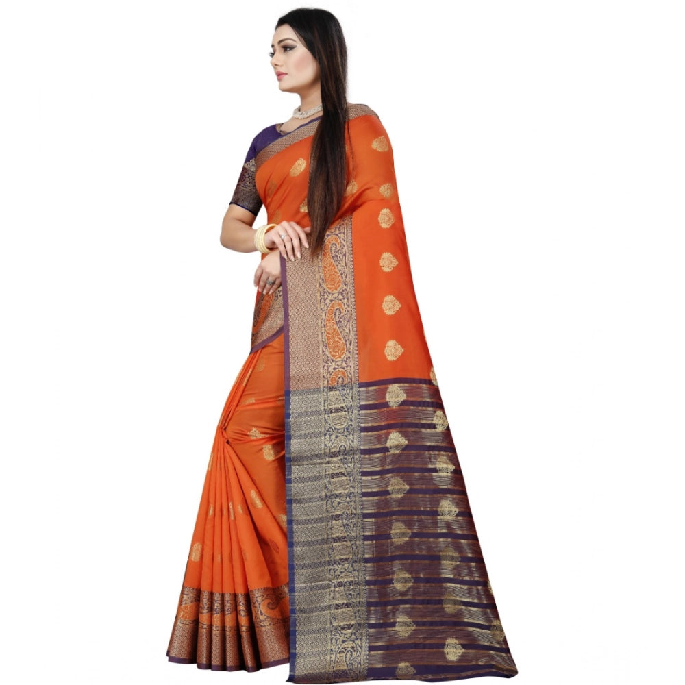 Women's Silk Blend Woven Saree With Unstitched Blouse 5.5Mtr (Purple-Orange)