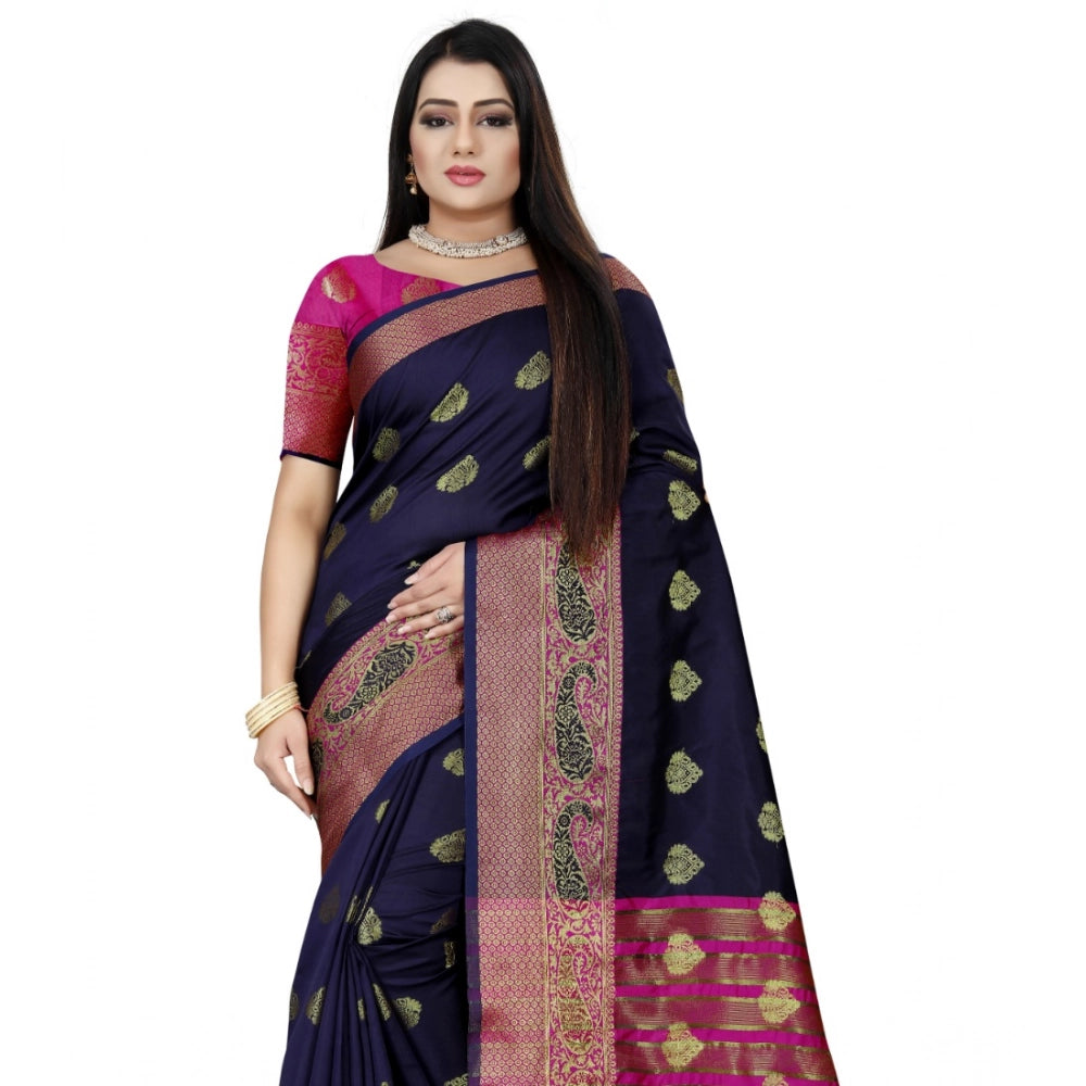 Women's Silk Blend Woven Saree With Unstitched Blouse 5.5Mtr (Dark Blue-Pink)