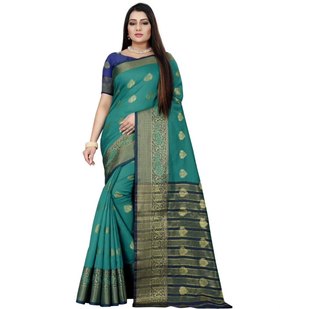 Women's Silk Blend Woven Saree With Unstitched Blouse 5.5Mtr (Dark Blue-Green)