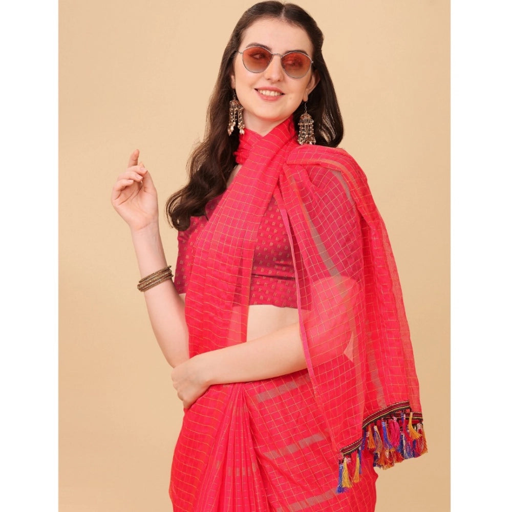 Women's Silk Blend Checkered Saree With Unstitched Blouse 5.5Mtr (Pink)