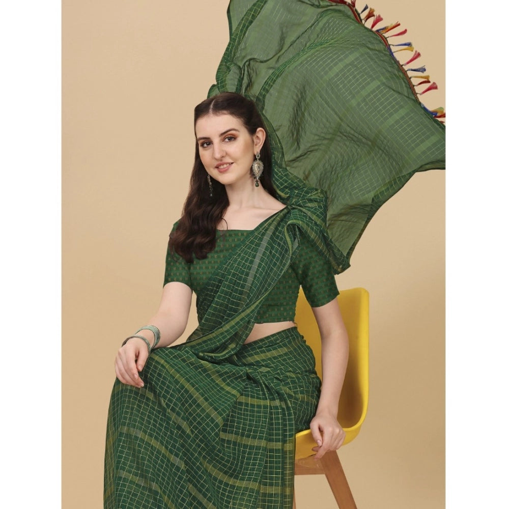 Women's Silk Blend Checkered Saree With Unstitched Blouse 5.5Mtr (Green)