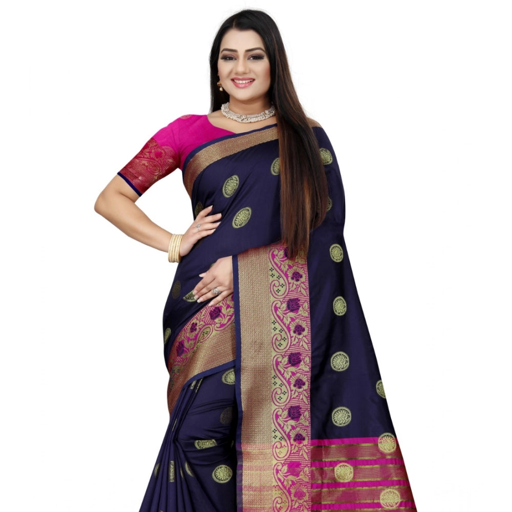 Women's Silk Blend Woven Saree With Unstitched Blouse 5.5Mtr (Dark Blue-Pink)