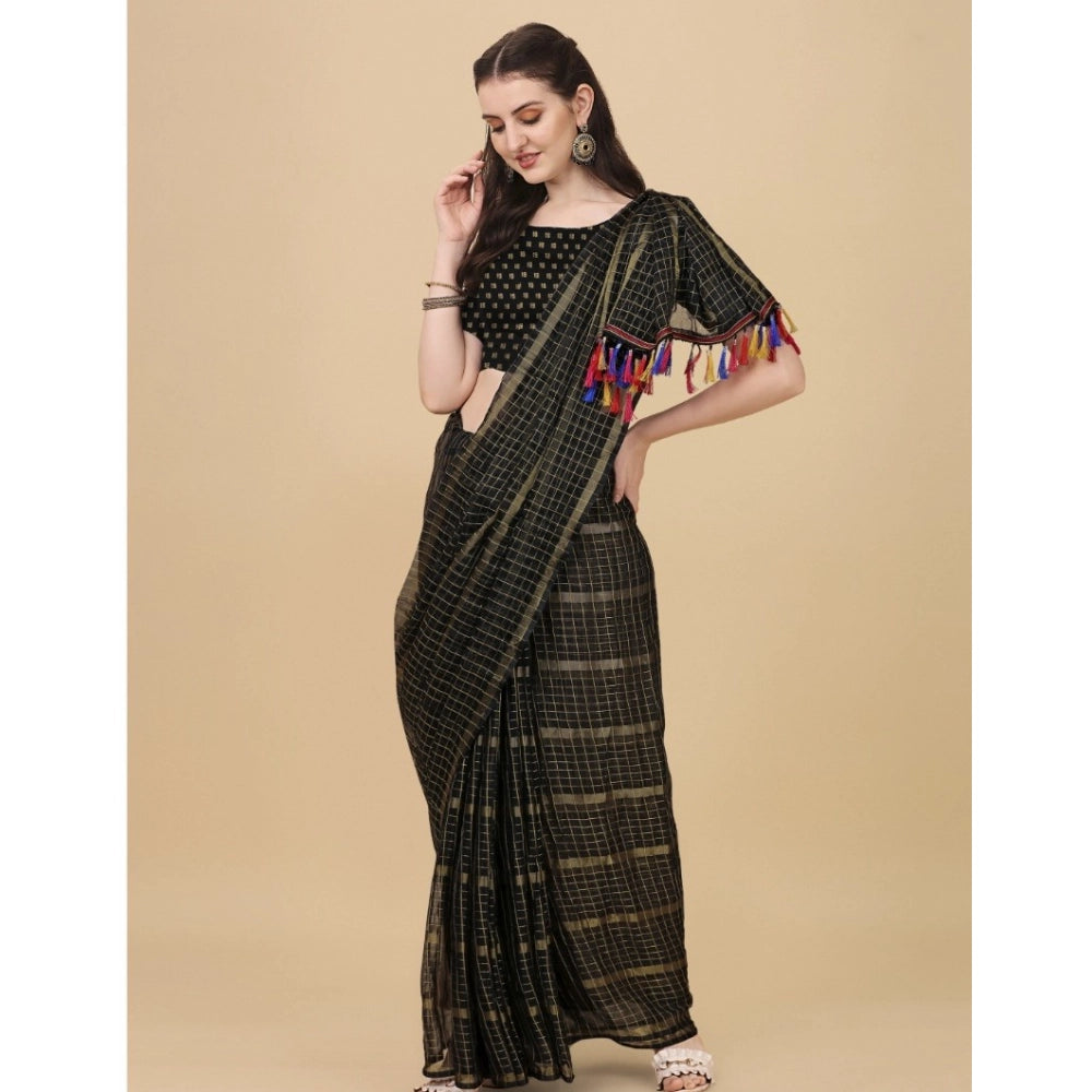 Women's Silk Blend Checkered Saree With Unstitched Blouse 5.5Mtr (Black)