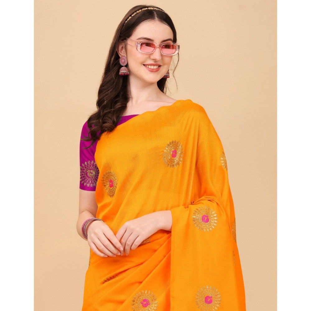 Women's Silk Blend Embroidered Saree With Unstitched Blouse 5.5Mtr (Yellow)
