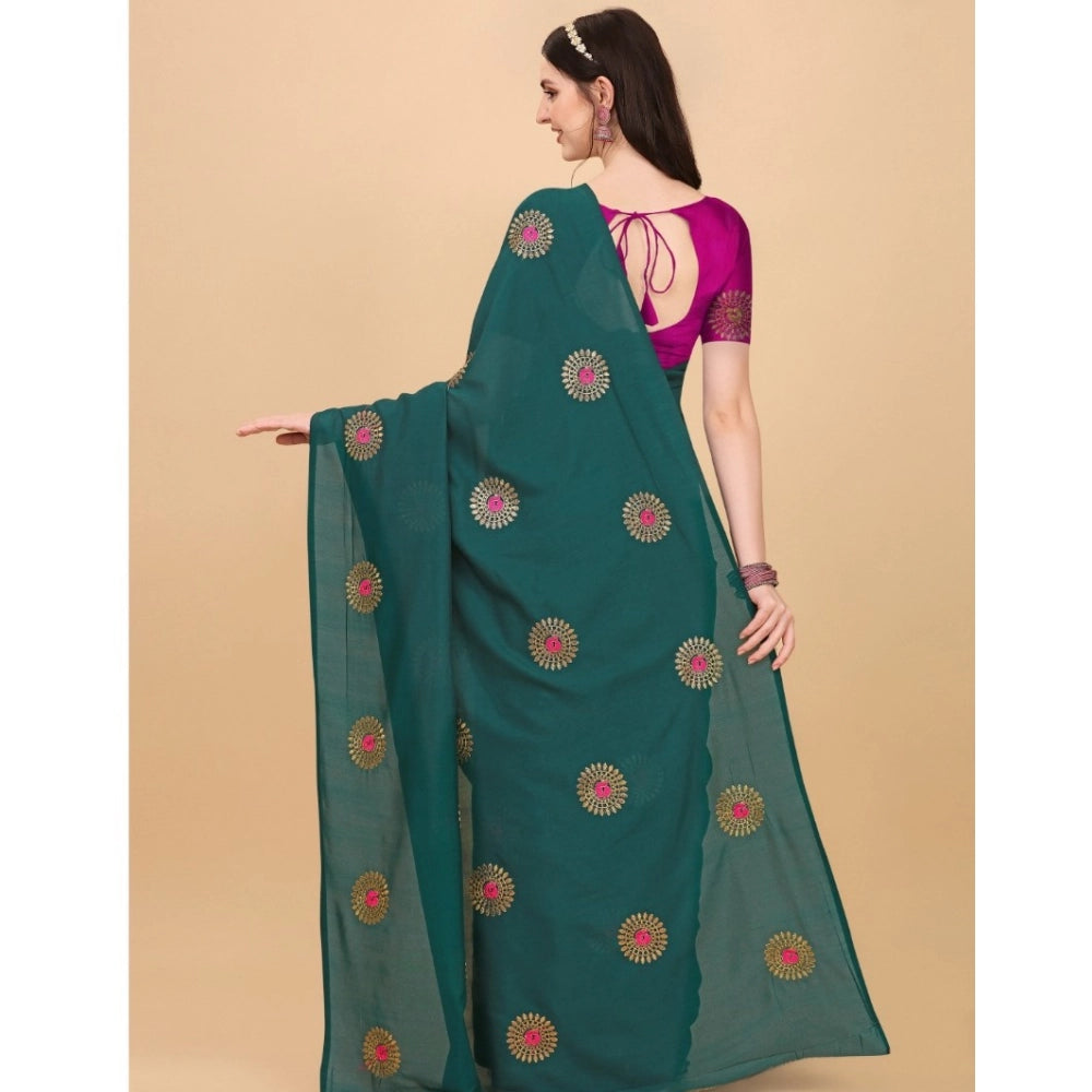 Women's Silk Blend Embroidered Saree With Unstitched Blouse 5.5Mtr (Dark Green)