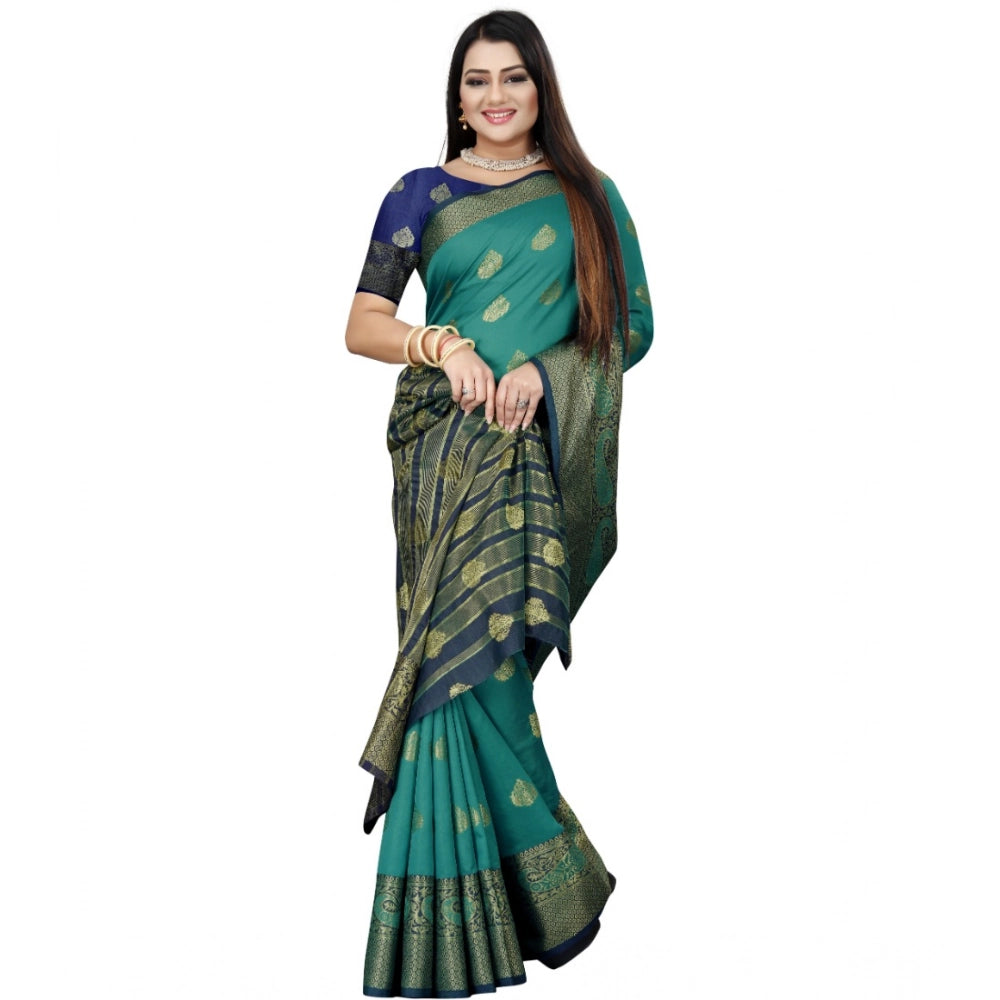 Women's Silk Blend Woven Saree With Unstitched Blouse 5.5Mtr (Dark Blue-Green)