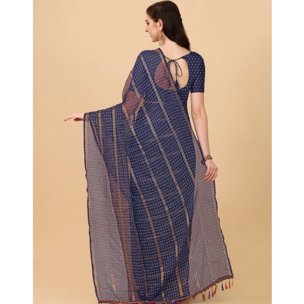 Women's Silk Blend Checkered Saree With Unstitched Blouse 5.5Mtr (Blue)