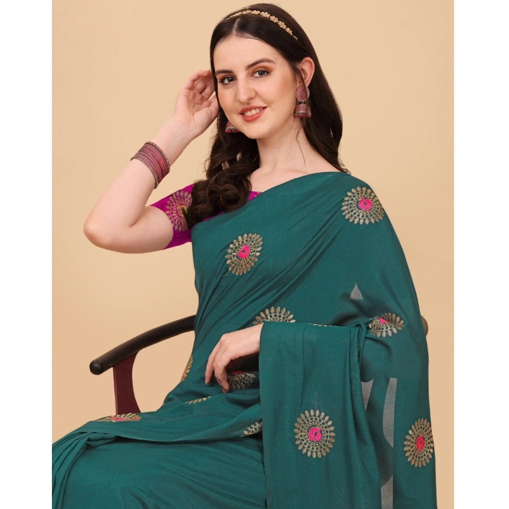 Women's Silk Blend Embroidered Saree With Unstitched Blouse 5.5Mtr (Dark Green)