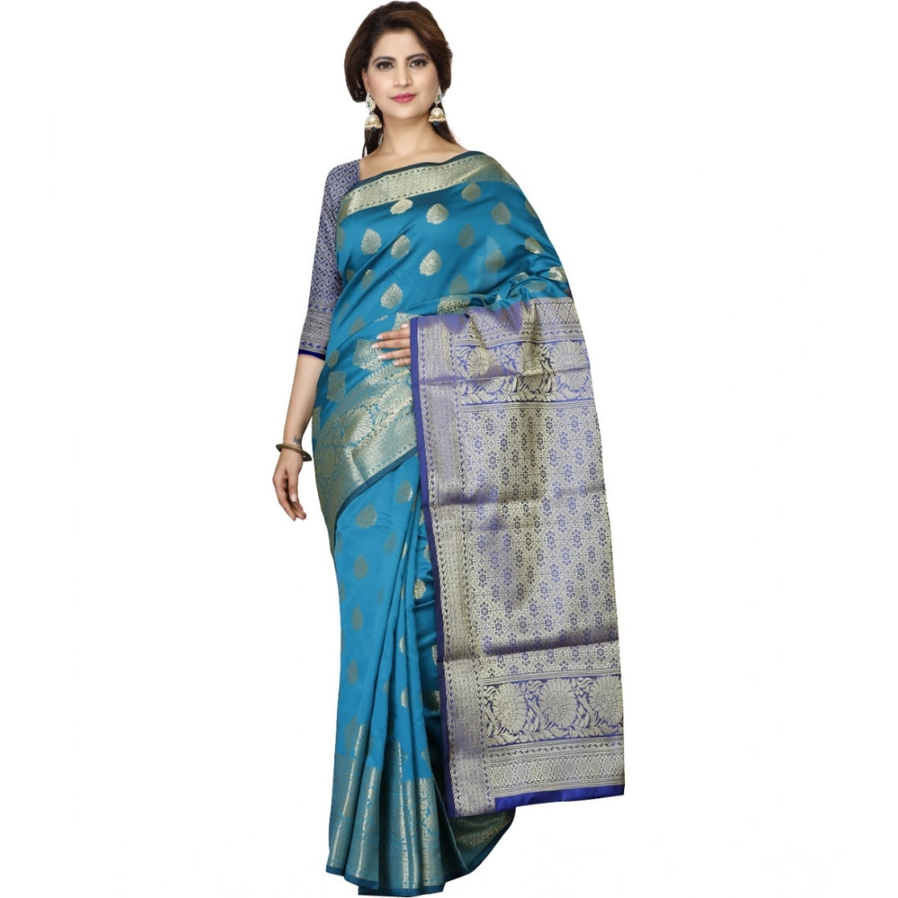 Women's Jacquard Woven Saree With Unstitched Blouse 5.5Mtr (Green-Blue)