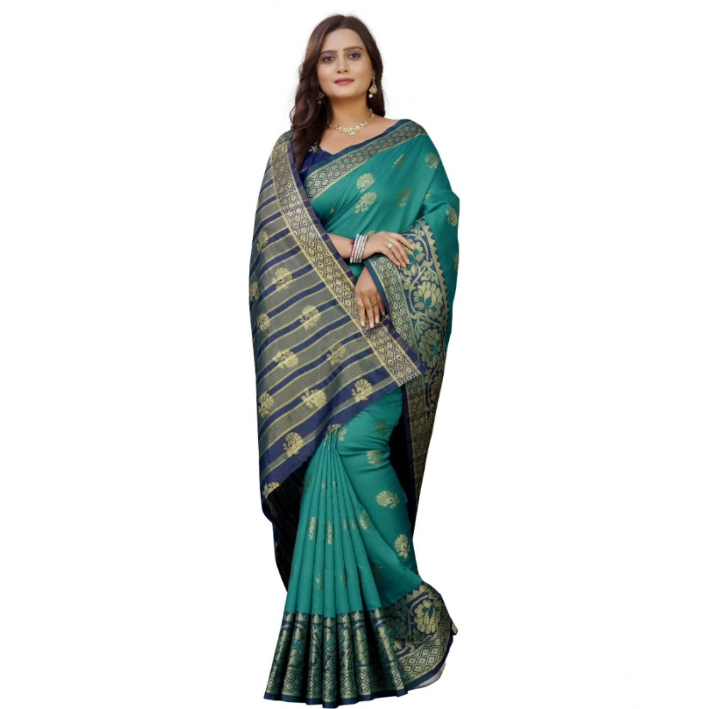 Women's Silk Blend Woven Saree With Unstitched Blouse 5.5Mtr (Dark Blue-Green)
