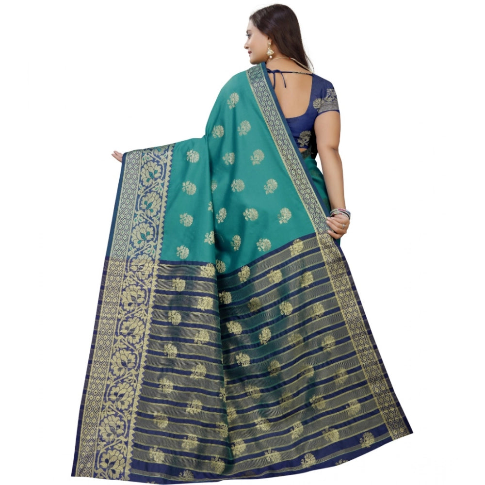 Women's Silk Blend Woven Saree With Unstitched Blouse 5.5Mtr (Dark Blue-Green)