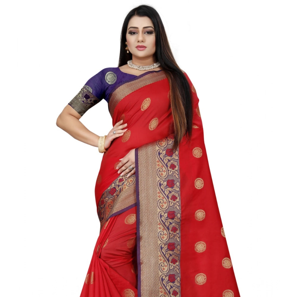 Women's Silk Blend Woven Saree With Unstitched Blouse 5.5Mtr (Red-Blue)