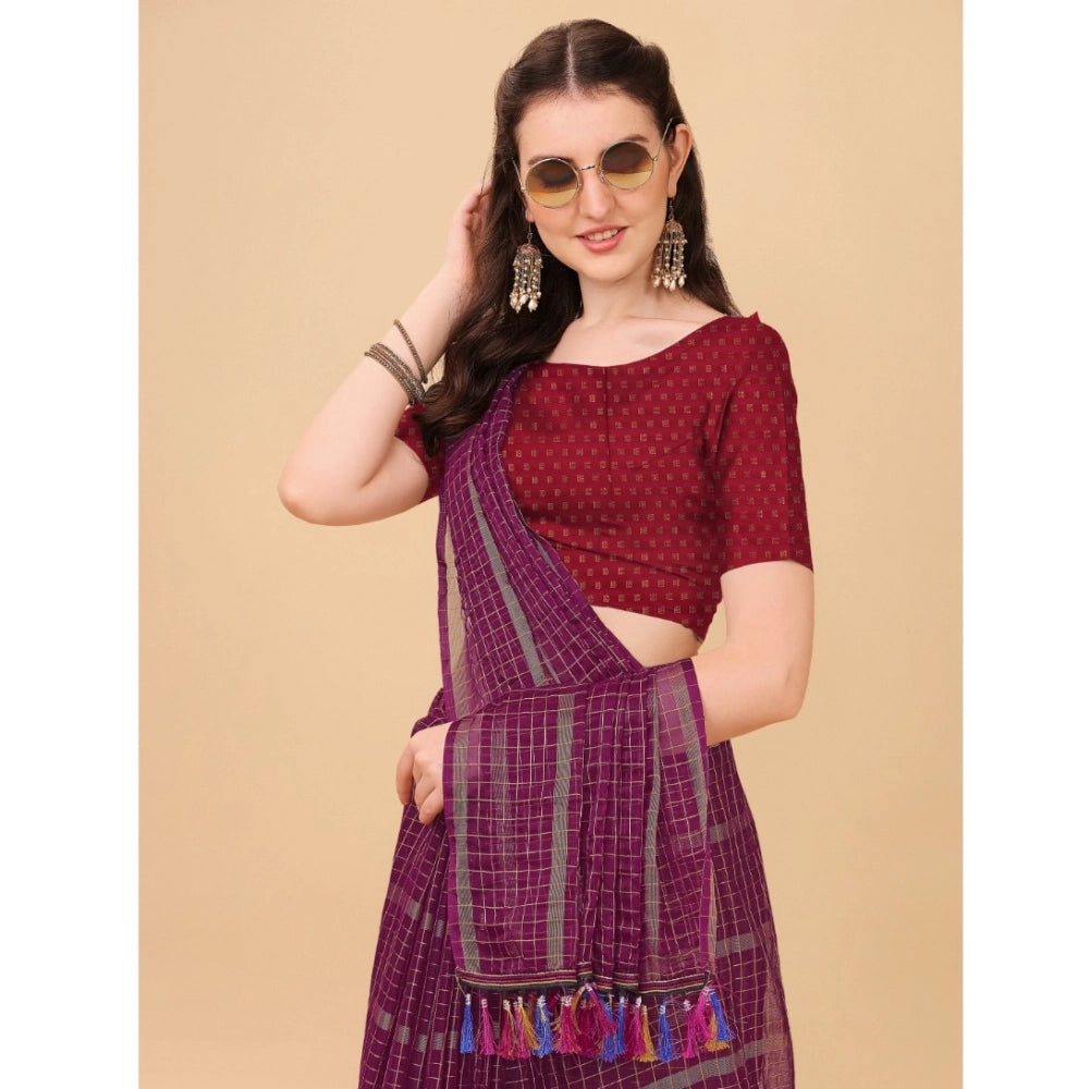 Women's Silk Blend Checkered Saree With Unstitched Blouse 5.5Mtr (Maroon)