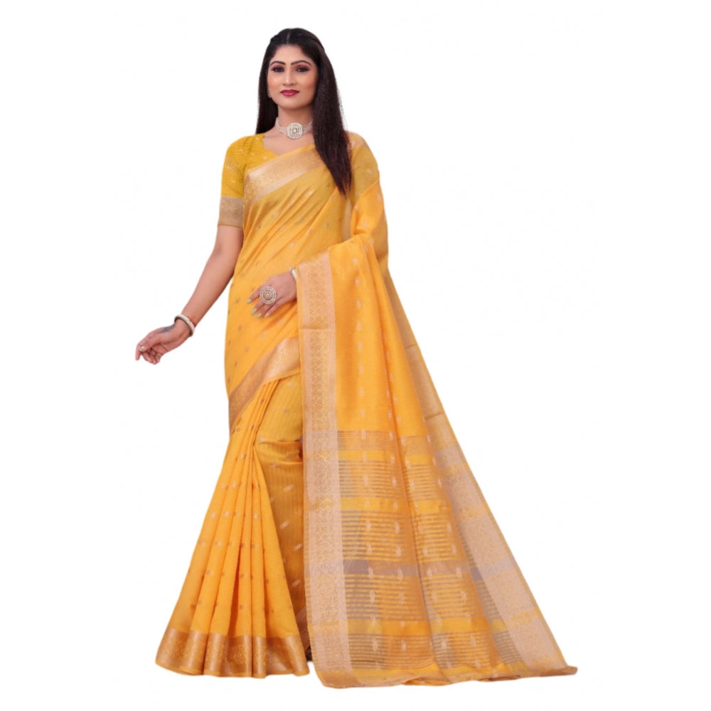 Women's Silk Blend Woven Saree With Unstitched Blouse 5.5Mtr (Yellow)
