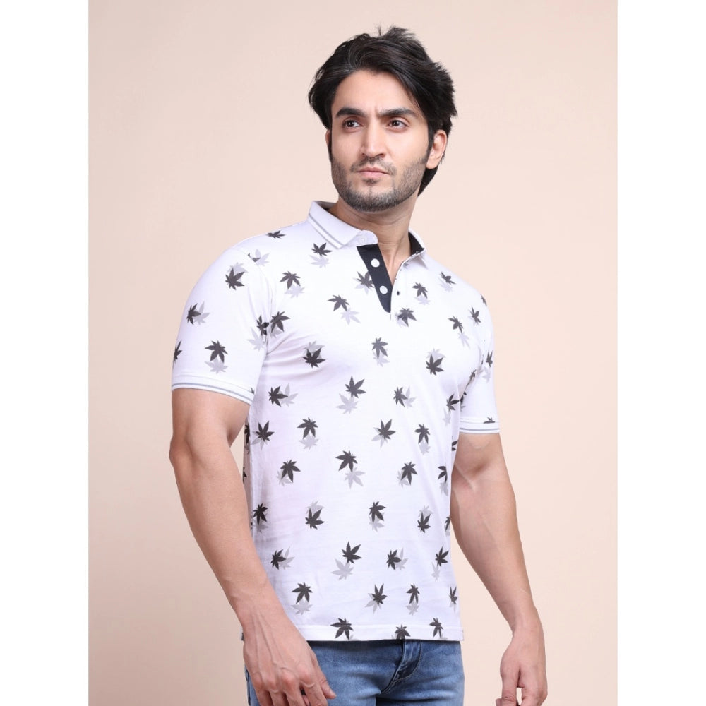 Men's Casual Cotton Printed Polo Neck Half Sleeve T-Shirt (White)