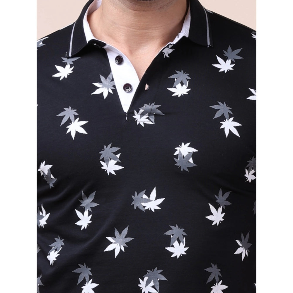 Men's Casual Cotton Printed Polo Neck Half Sleeve T-Shirt (Black)