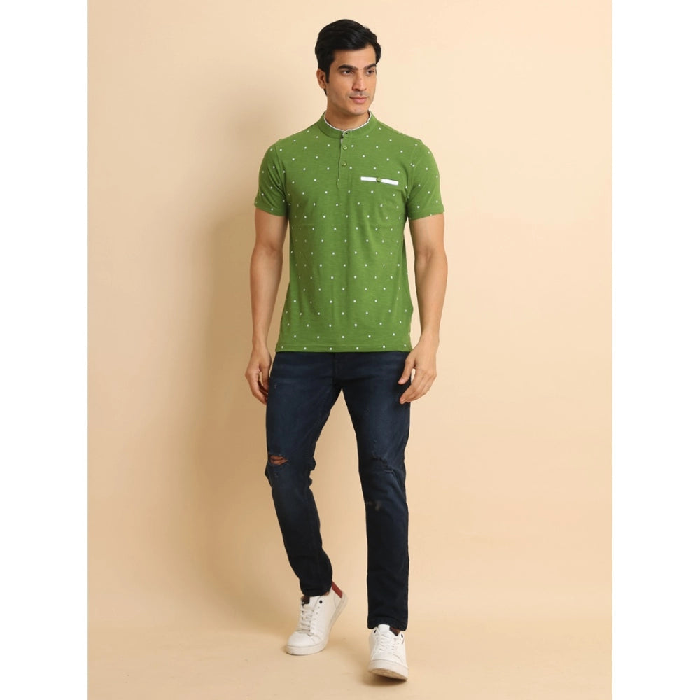 Men's Casual Cotton Printed Mandarin Collar Half Sleeve T-Shirt (Green)