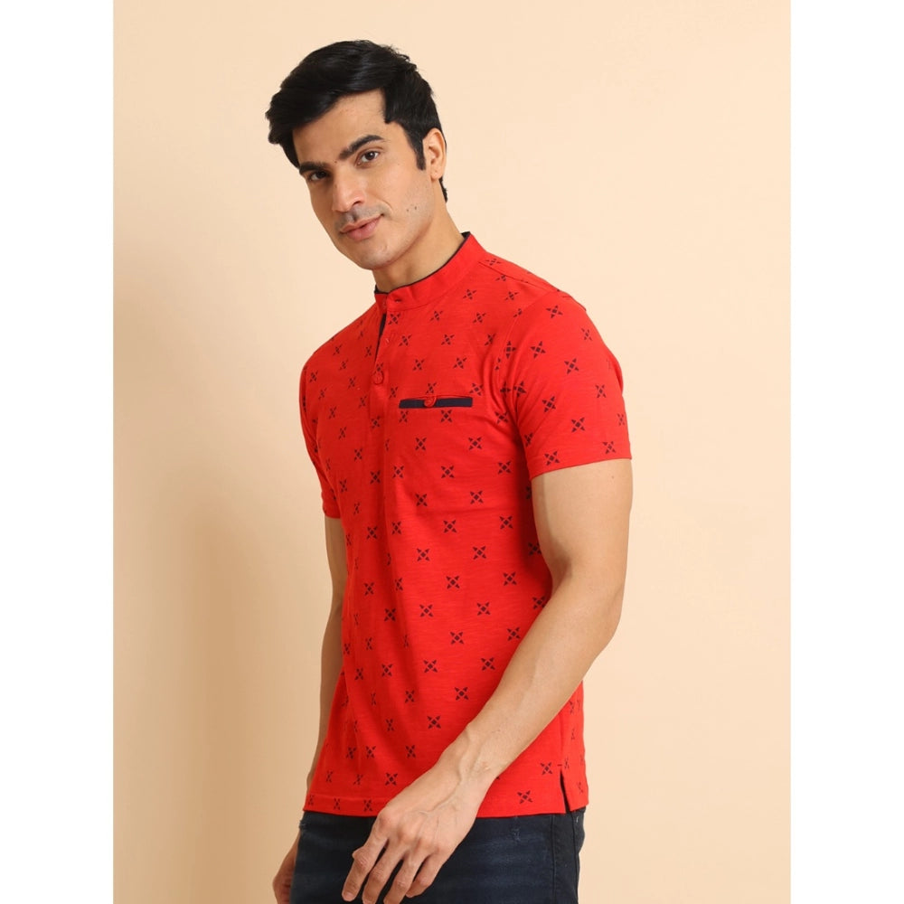 Men's Casual Cotton Printed Mandarin Collar Half Sleeve T-Shirt (Red)