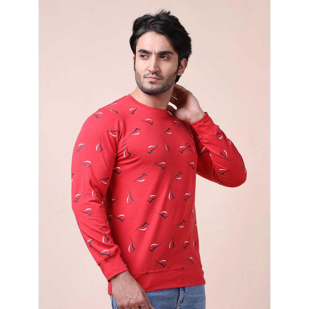 Men's Casual Cotton Printed Round Neck Full Sleeve T-Shirt (Red)