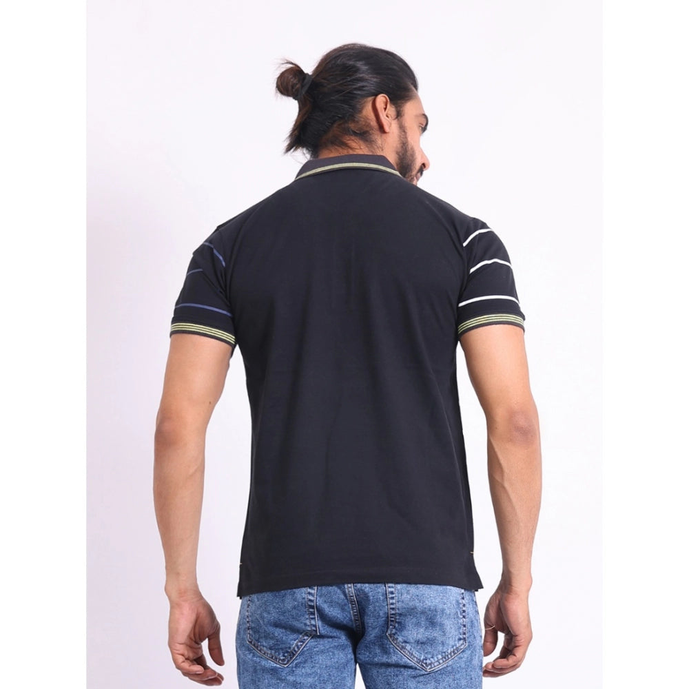 Men's Casual Cotton Printed Polo Neck Half Sleeve T-Shirt (Black)