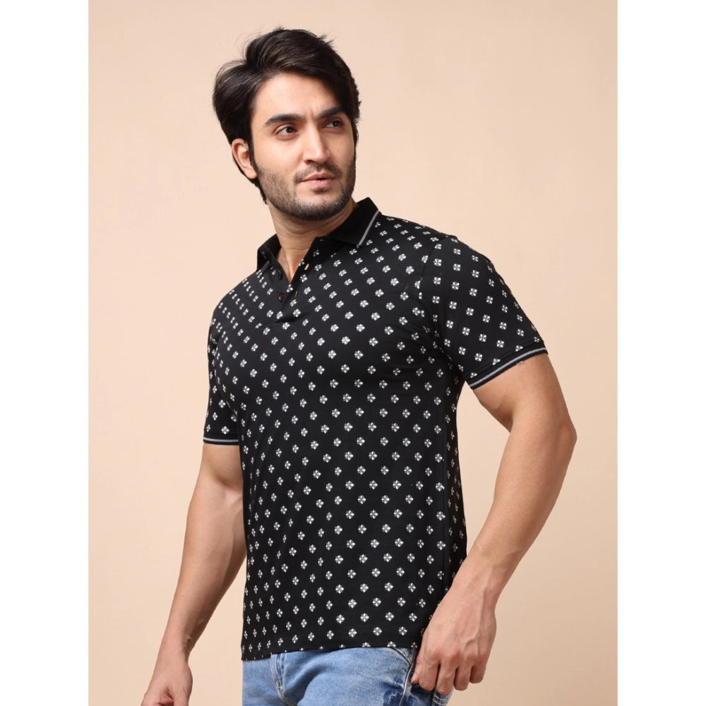 Men's Casual Cotton Printed Polo Neck Half Sleeve T-Shirt (Black)