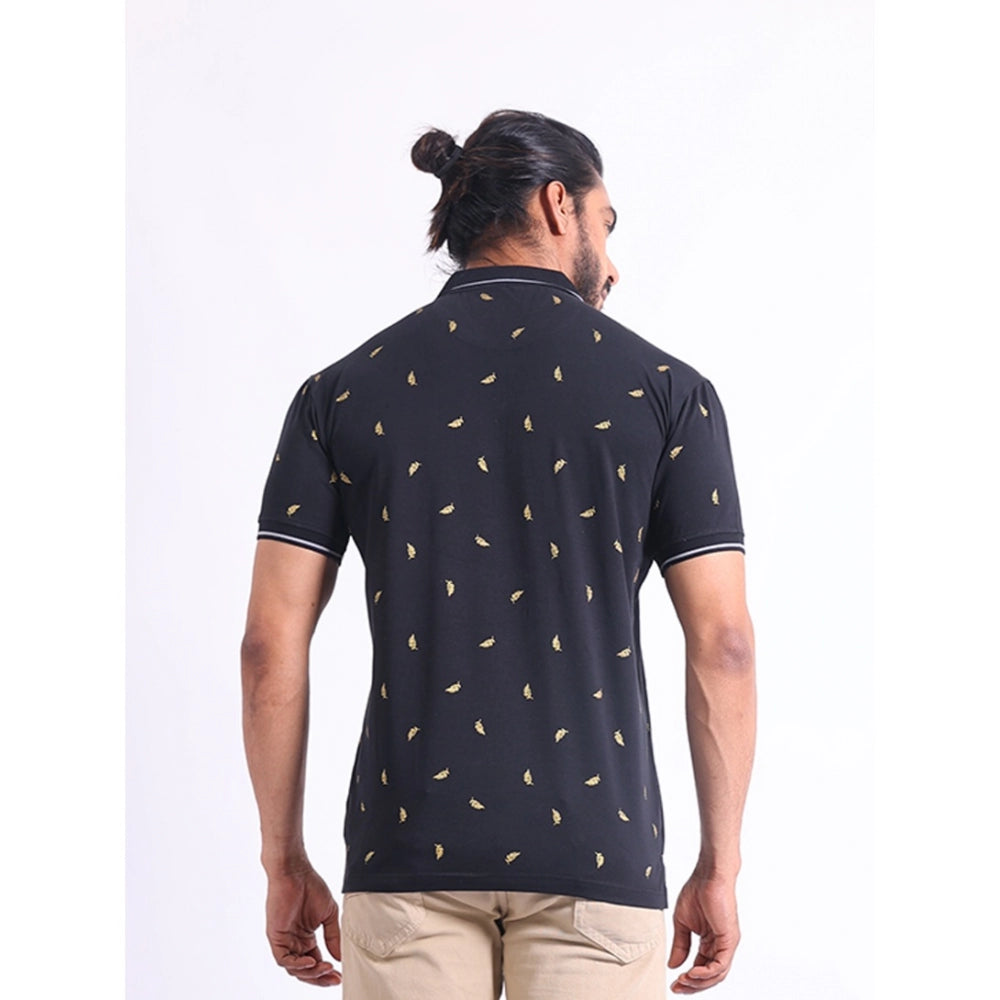 Men's Casual Cotton Printed Polo Neck Half Sleeve T-Shirt (Black)