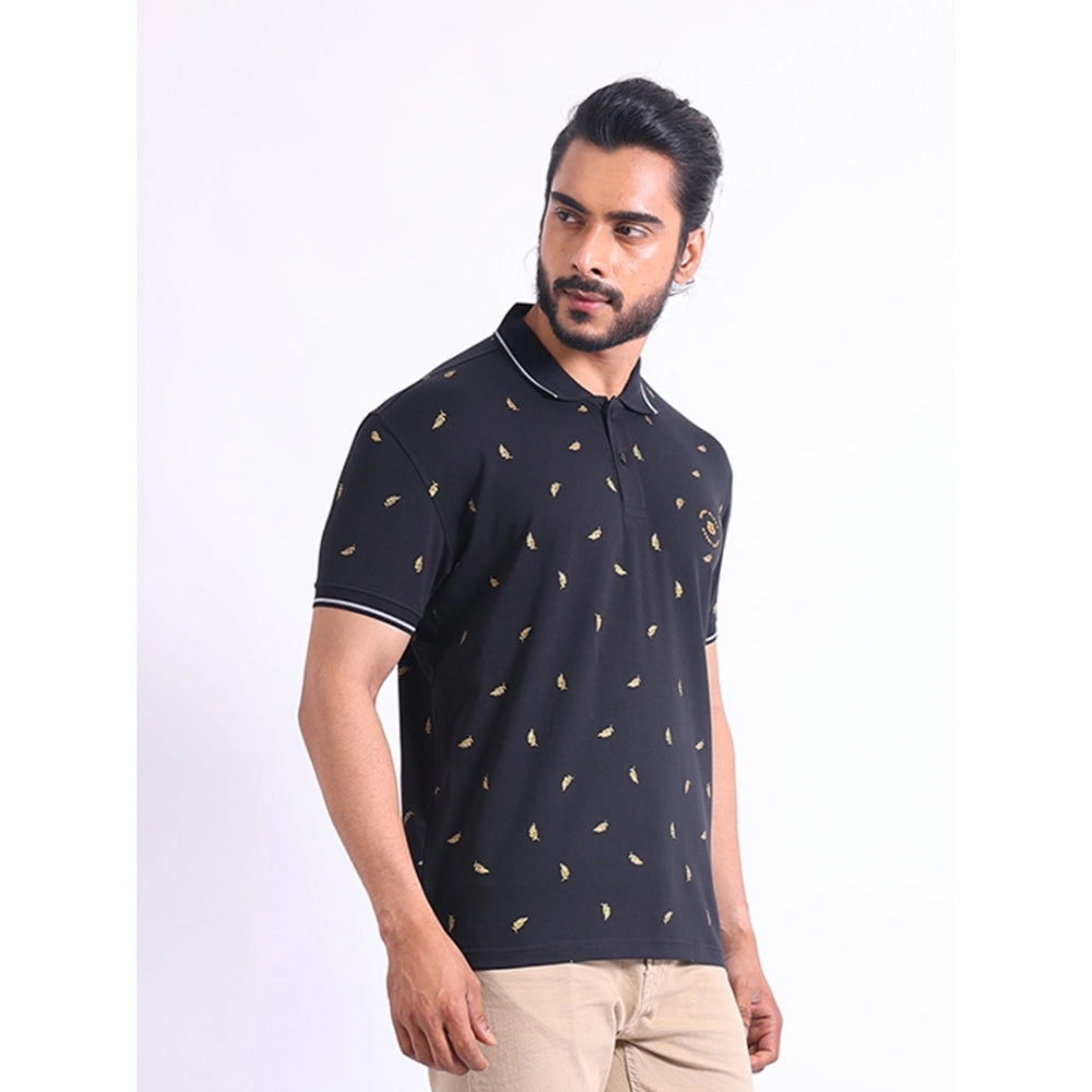 Men's Casual Cotton Printed Polo Neck Half Sleeve T-Shirt (Black)