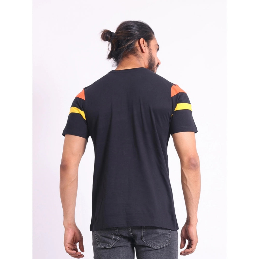 Men's Casual Cotton Printed Round Neck Half Sleeve T-Shirt (Black)