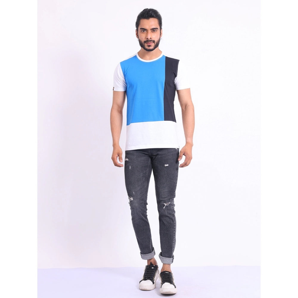 Men's Casual Cotton Printed Round Neck Half Sleeve T-Shirt (Blue)
