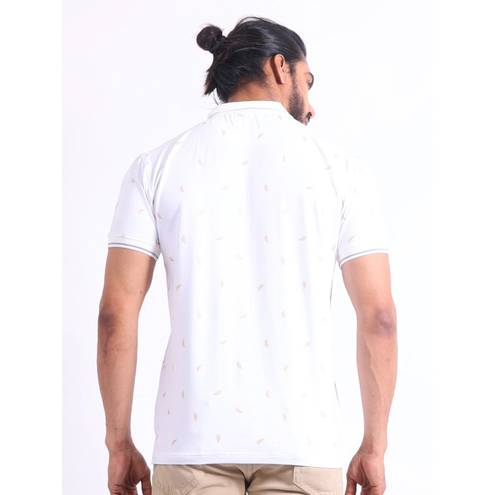 Men's Casual Cotton Printed Polo Neck Half Sleeve T-Shirt (White)