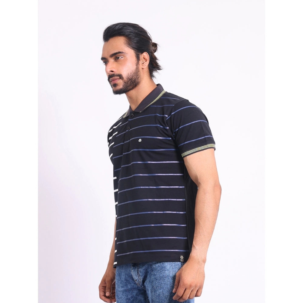 Men's Casual Cotton Printed Polo Neck Half Sleeve T-Shirt (Black)