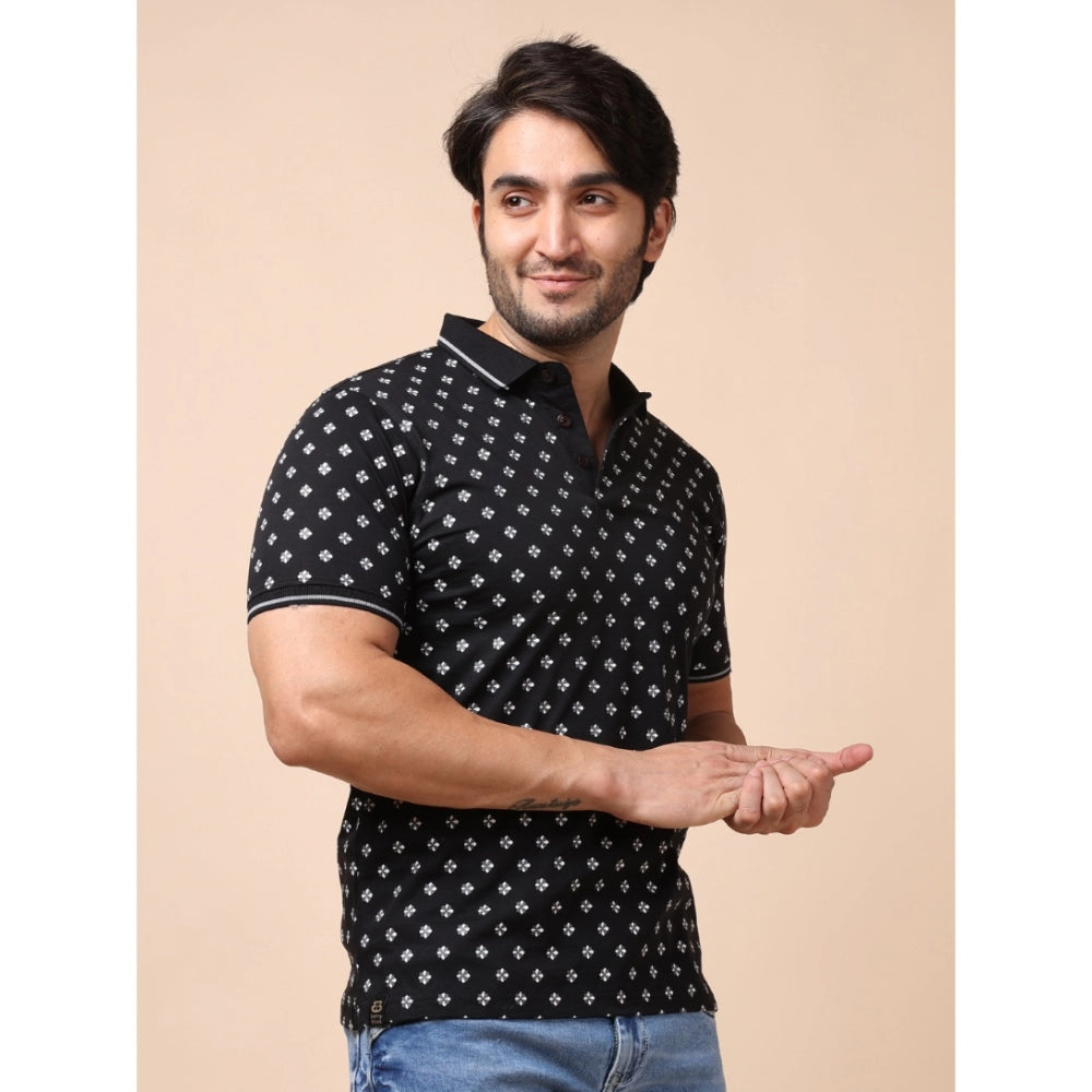 Men's Casual Cotton Printed Polo Neck Half Sleeve T-Shirt (Black)