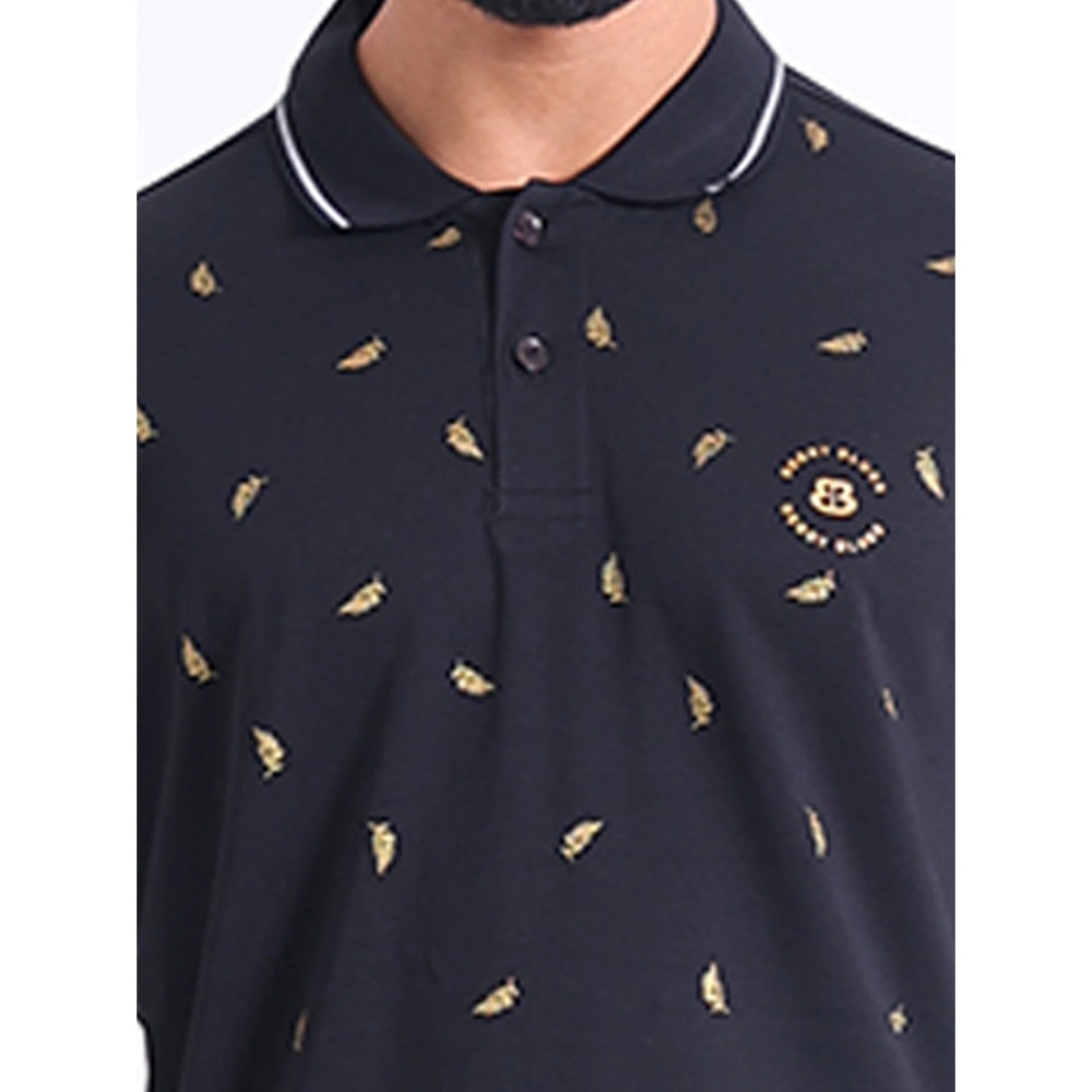 Men's Casual Cotton Printed Polo Neck Half Sleeve T-Shirt (Black)