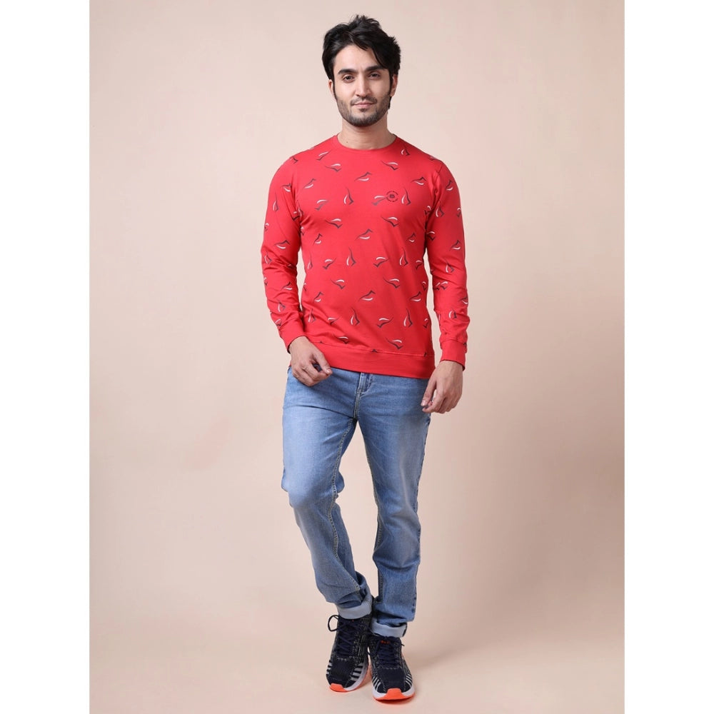 Men's Casual Cotton Printed Round Neck Full Sleeve T-Shirt (Red)