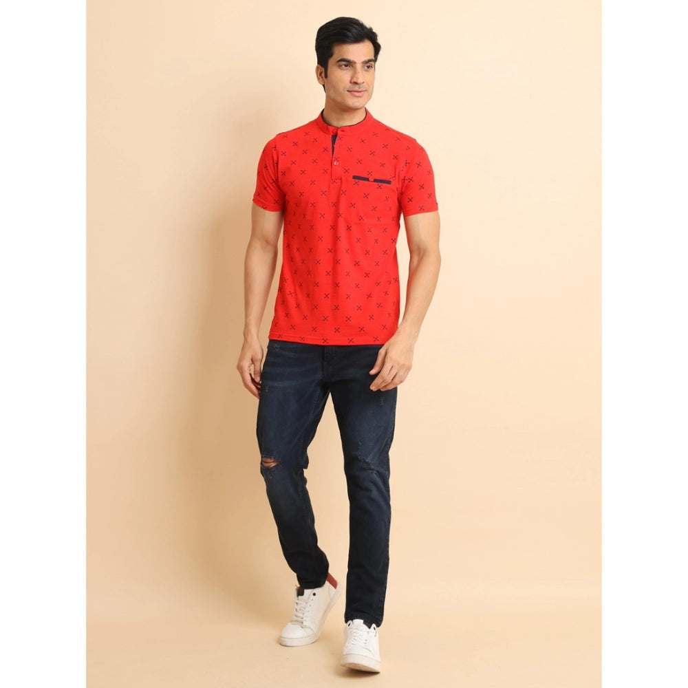 Men's Casual Cotton Printed Mandarin Collar Half Sleeve T-Shirt (Red)