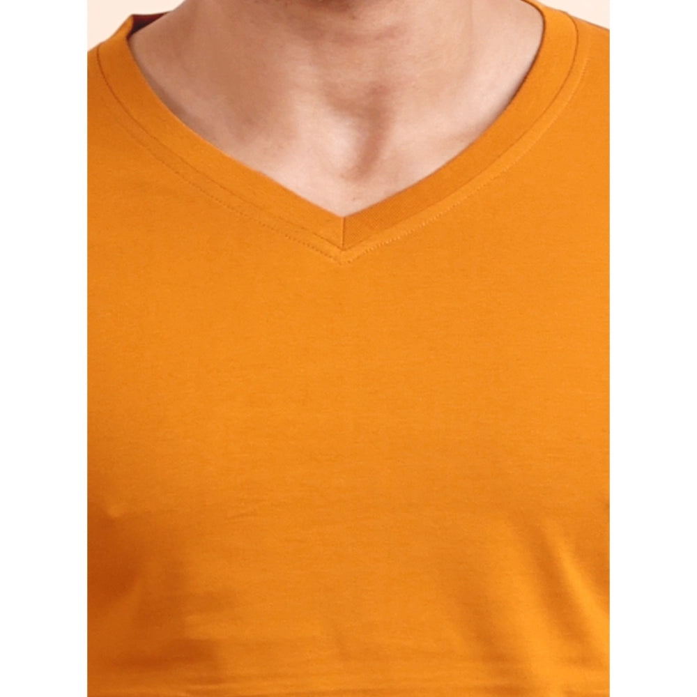 Men's Casual Cotton Solid V Neck Full Sleeve T-Shirt  (Mustard)