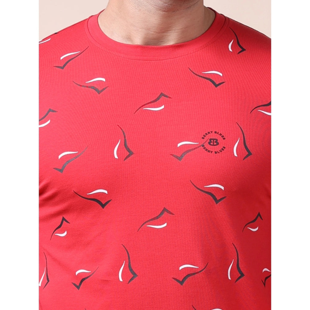 Men's Casual Cotton Printed Round Neck Full Sleeve T-Shirt (Red)