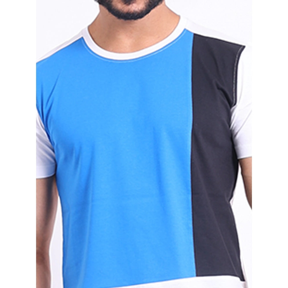 Men's Casual Cotton Printed Round Neck Half Sleeve T-Shirt (Blue)