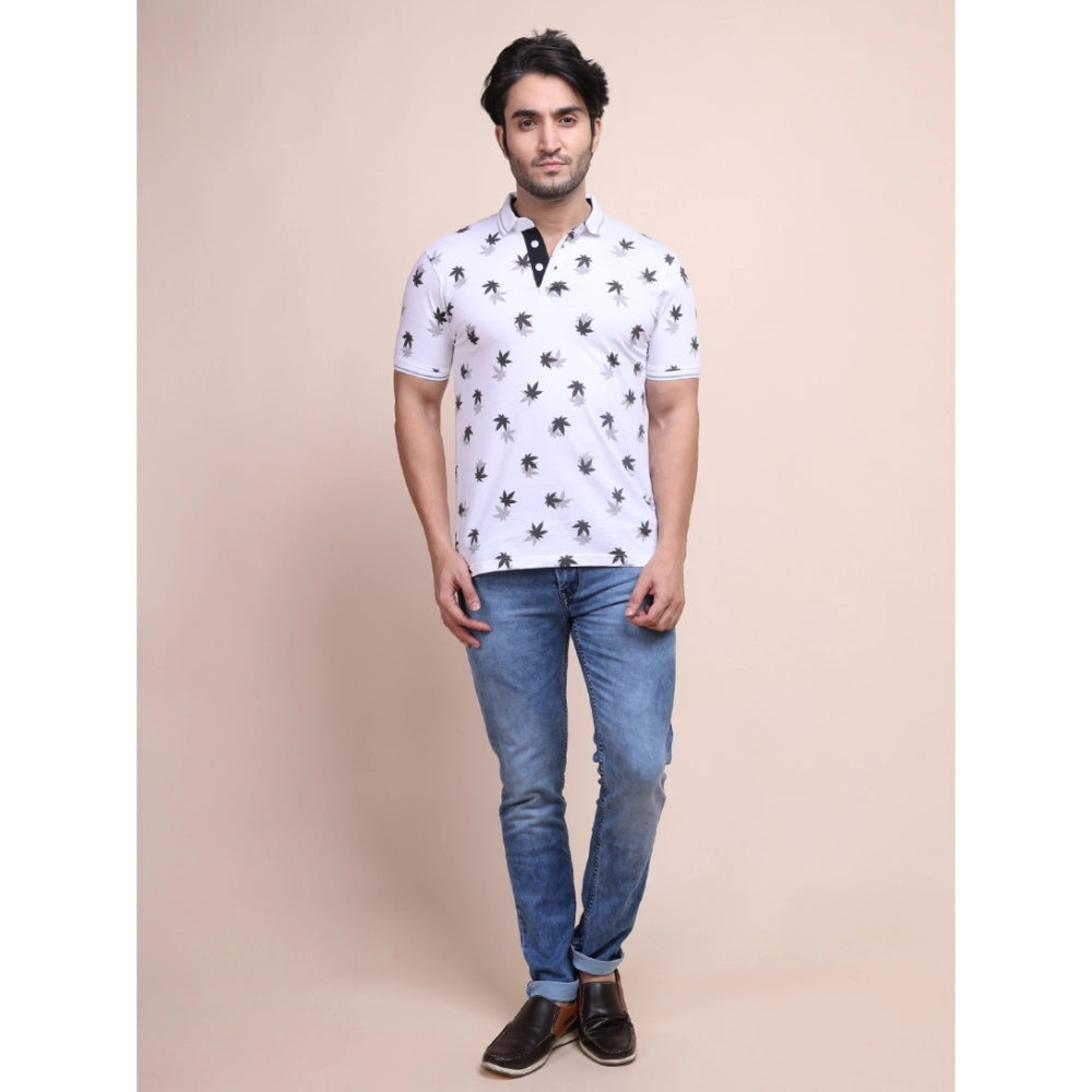 Men's Casual Cotton Printed Polo Neck Half Sleeve T-Shirt (White)