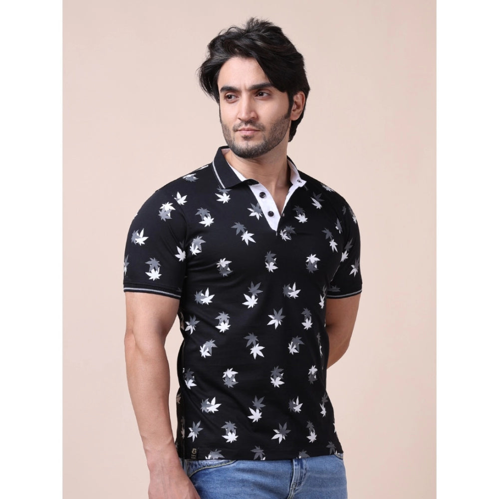 Men's Casual Cotton Printed Polo Neck Half Sleeve T-Shirt (Black)