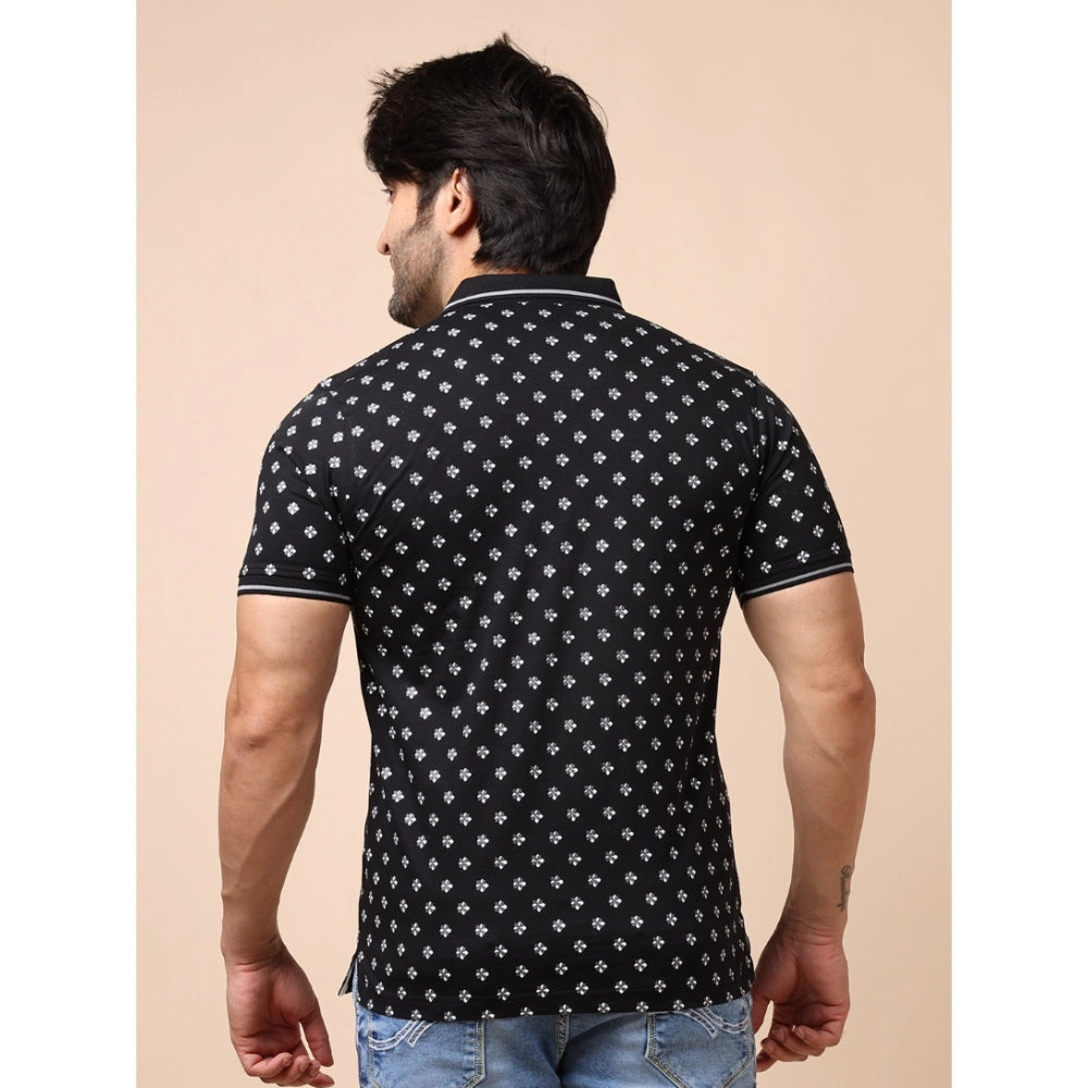 Men's Casual Cotton Printed Polo Neck Half Sleeve T-Shirt (Black)