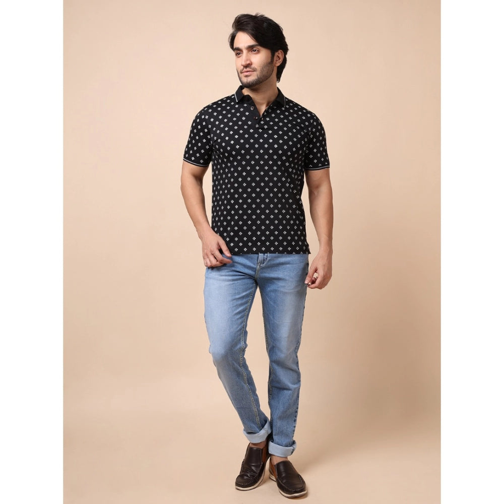 Men's Casual Cotton Printed Polo Neck Half Sleeve T-Shirt (Black)