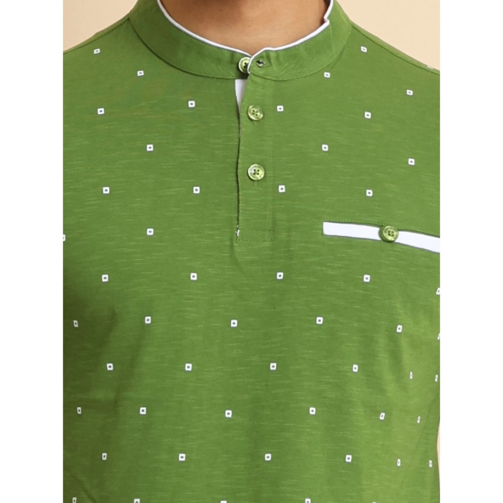 Men's Casual Cotton Printed Mandarin Collar Half Sleeve T-Shirt (Green)